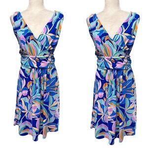 Pappagallo Shift Dress Women Sz L V Neck Sleeveless Colorful Resort wear Stretch